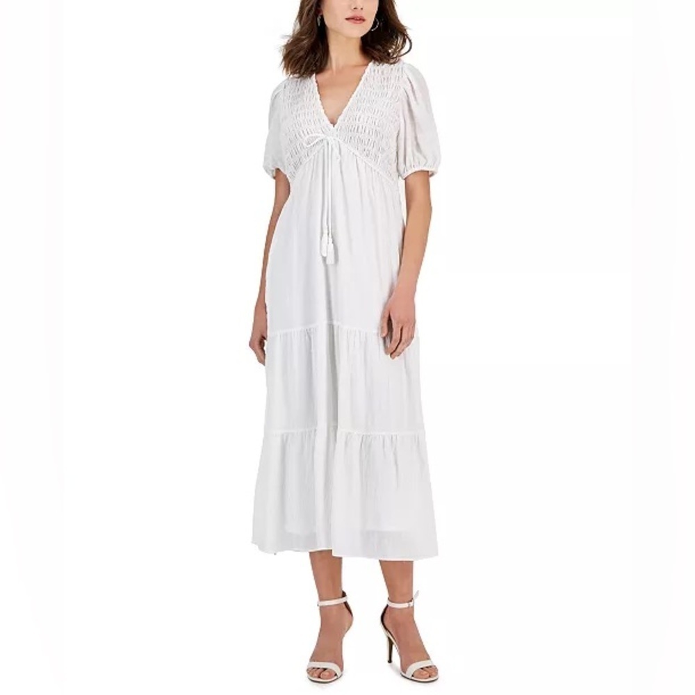 Taylor White Midi Dress with Puff Sleeves